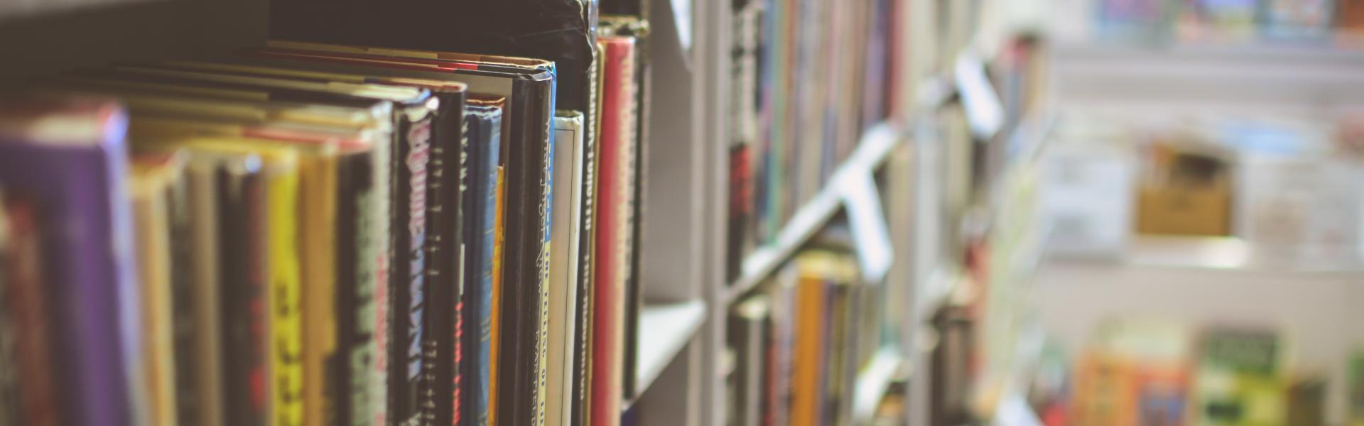 A bunch of library books sitting on a shelf.