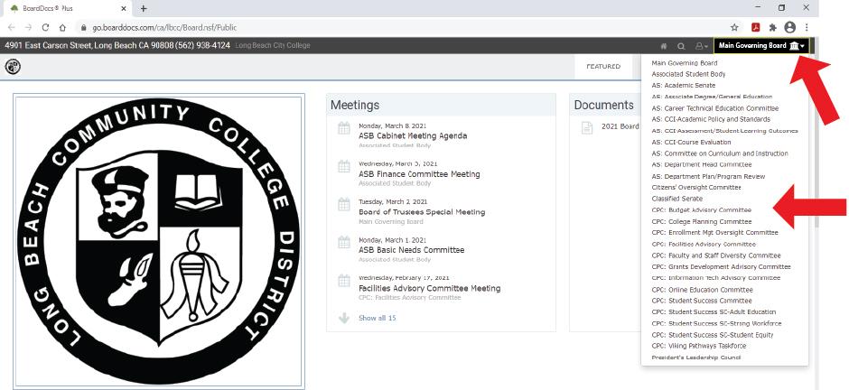 Step 2 on how to access LBCC board documents