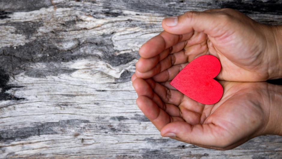 The red heart is on hand that showing love to another person. Heart is the symbol of showing love, cares, charity, help and compassion. People in the families and communities love each other.