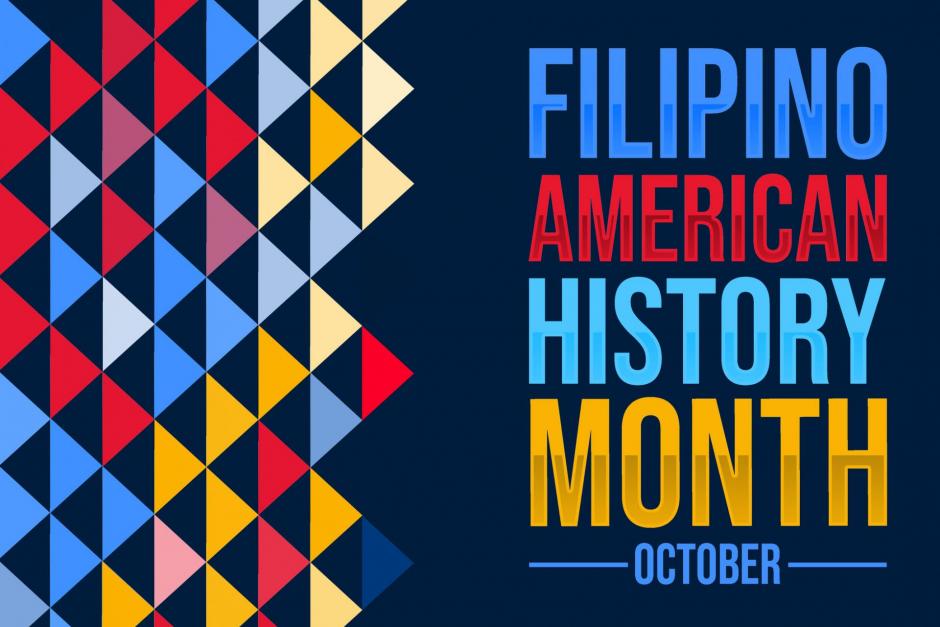 Filipino American History Month wallpaper with shapes and typography on the side.