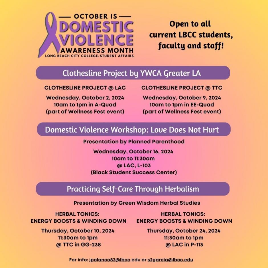 Flyer for october domestic violence workshops hosted at LBCC 