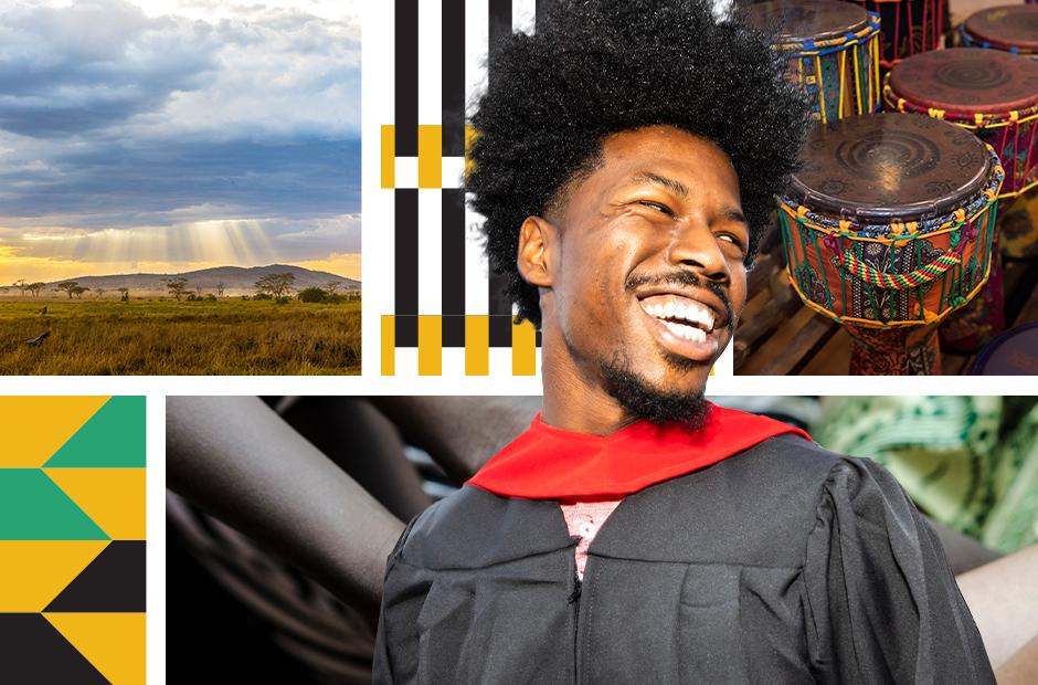 Black students smiling wearing graduation gown 