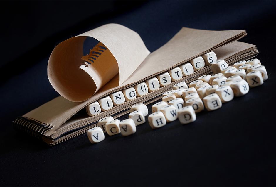 Eco-friendly notepad and the word linguistics made from wooden cubes on a dark background. Concept for scientific research in linguistics and teaching at school or college.