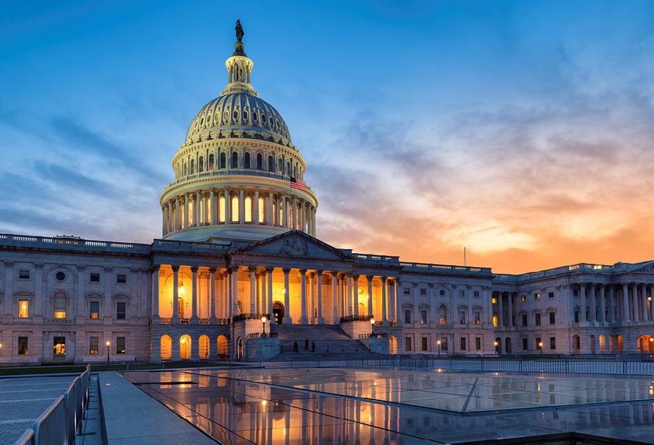 US Capitol building at sunset