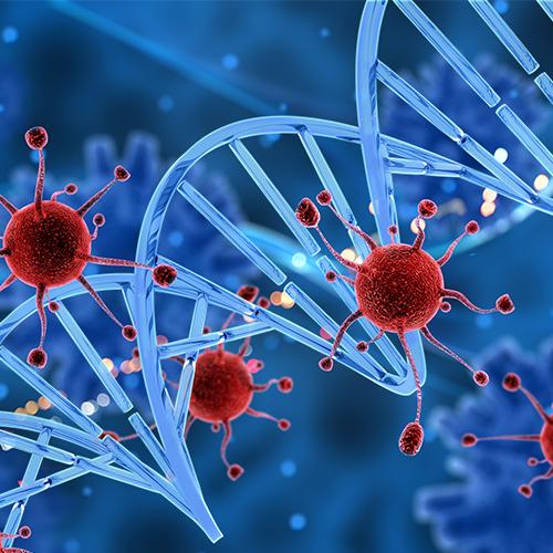 3D virus cells attacking a DNA strand